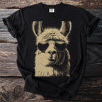 Black t-shirt with a gold, sketched llama wearing aviator sunglasses.