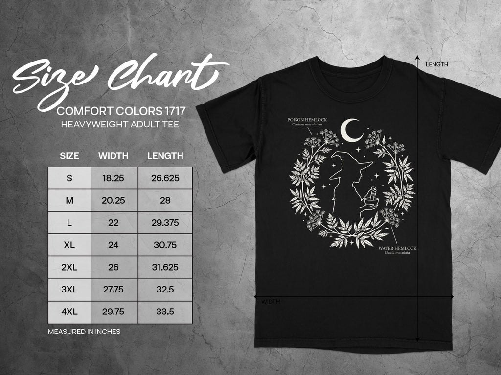 Comfort Colors 1717 heavyweight t-shirt size chart in inches.