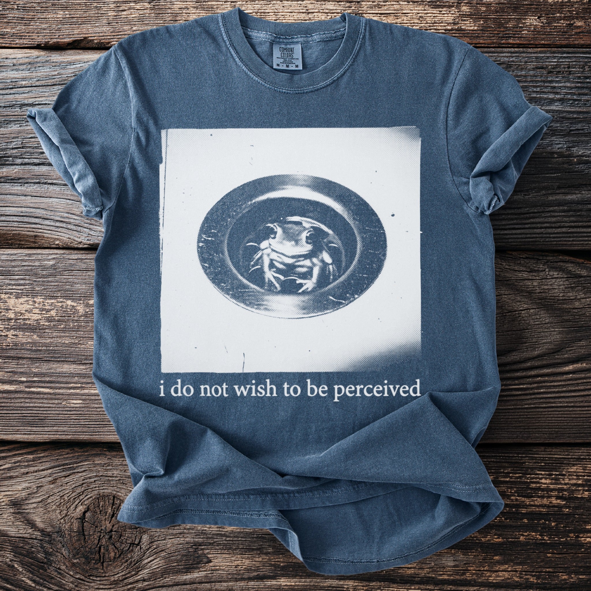 Blue t-shirt graphic of frog in a drain with text "i do not wish to be perceived".