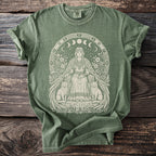 Green t-shirt with a seated woman, cats, moon phases, and runes design.