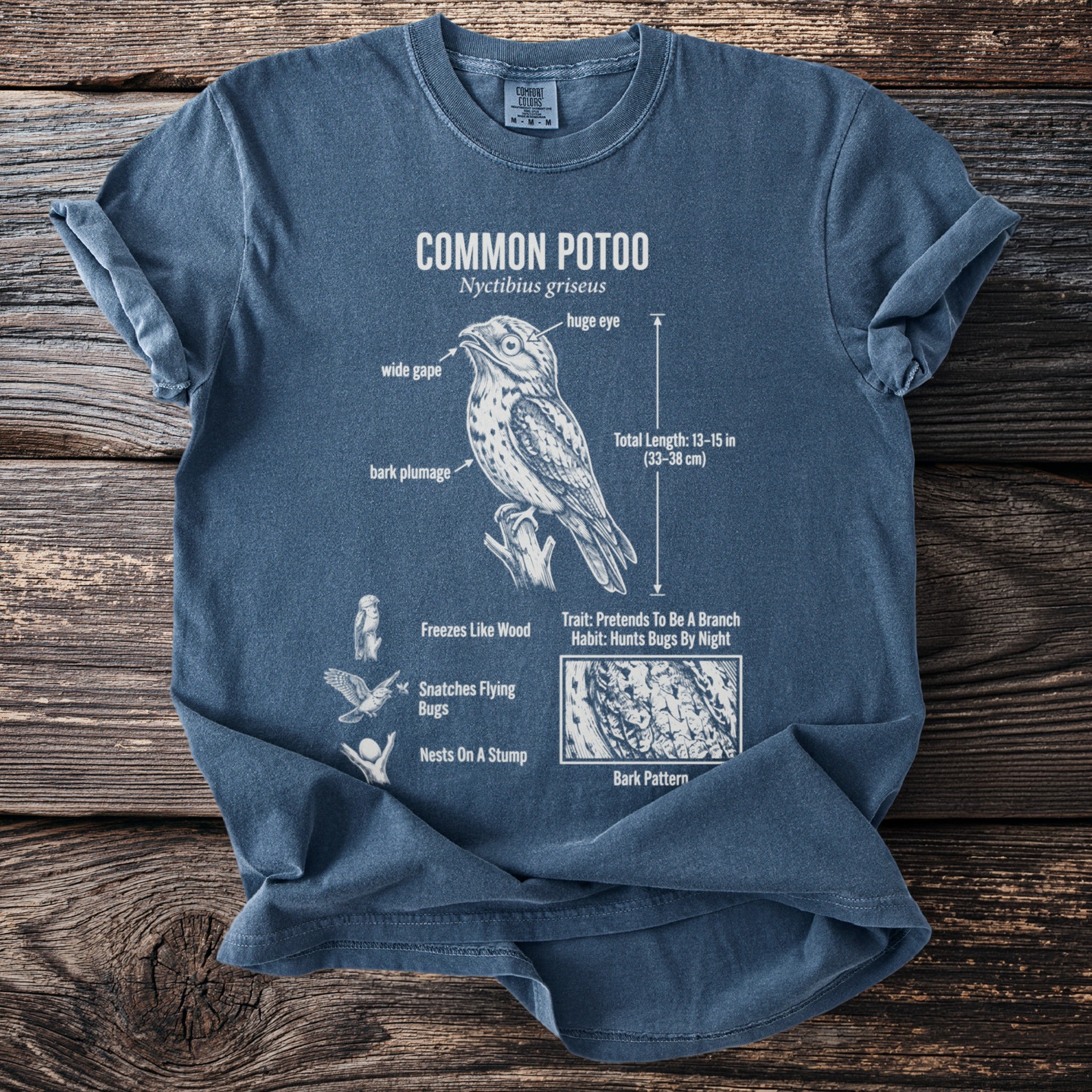 Blue t-shirt with Common Potoo bird illustration, scientific facts, and traits for sale.