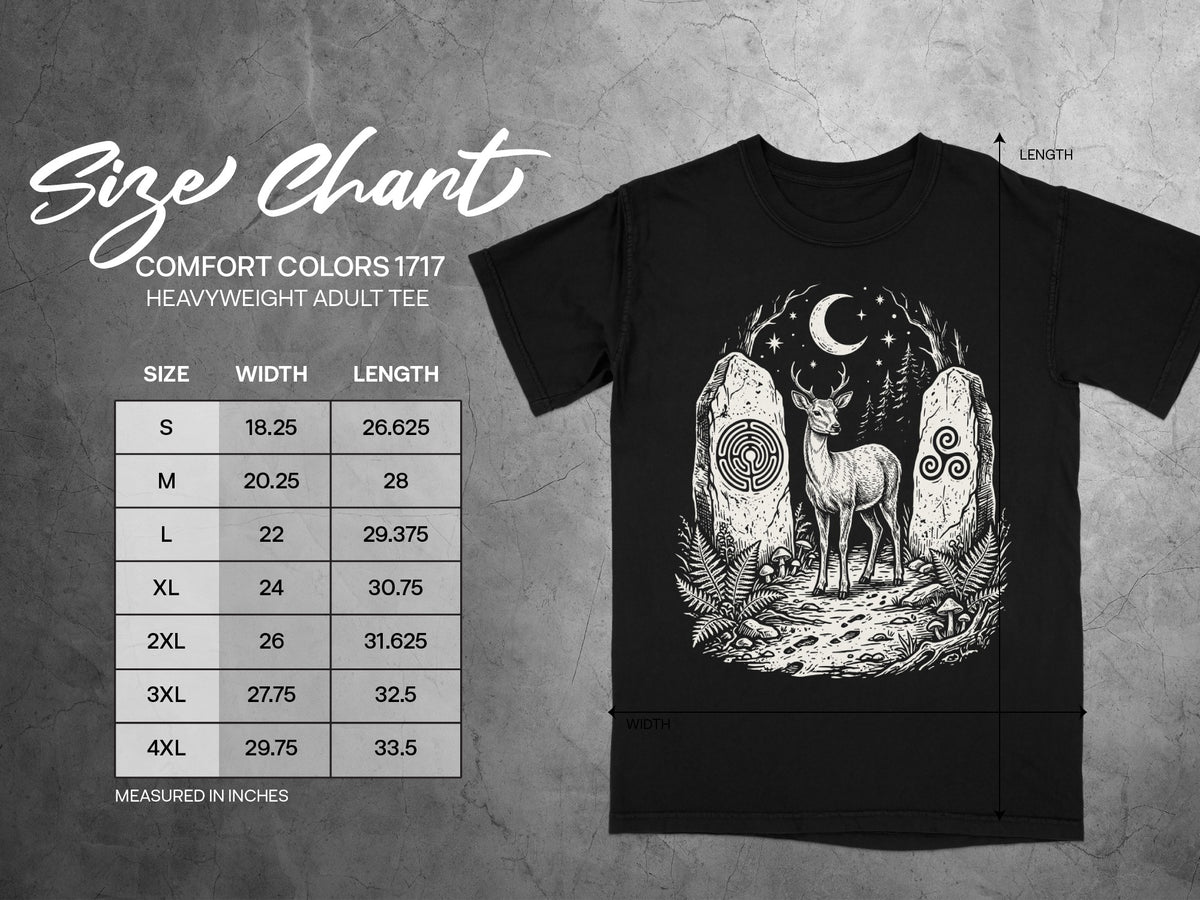 Size chart for Comfort Colors 1717 heavyweight adult tee with deer graphic.