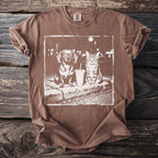 Brown t-shirt with graphic of a Dachshund and cat sitting next to a drink.