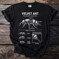 Black t-shirt with Velvet Ant anatomy diagram, including its sting.