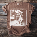 Brown t-shirt with white graphic: Werewolf holding ice cream, text "everything is temporary".