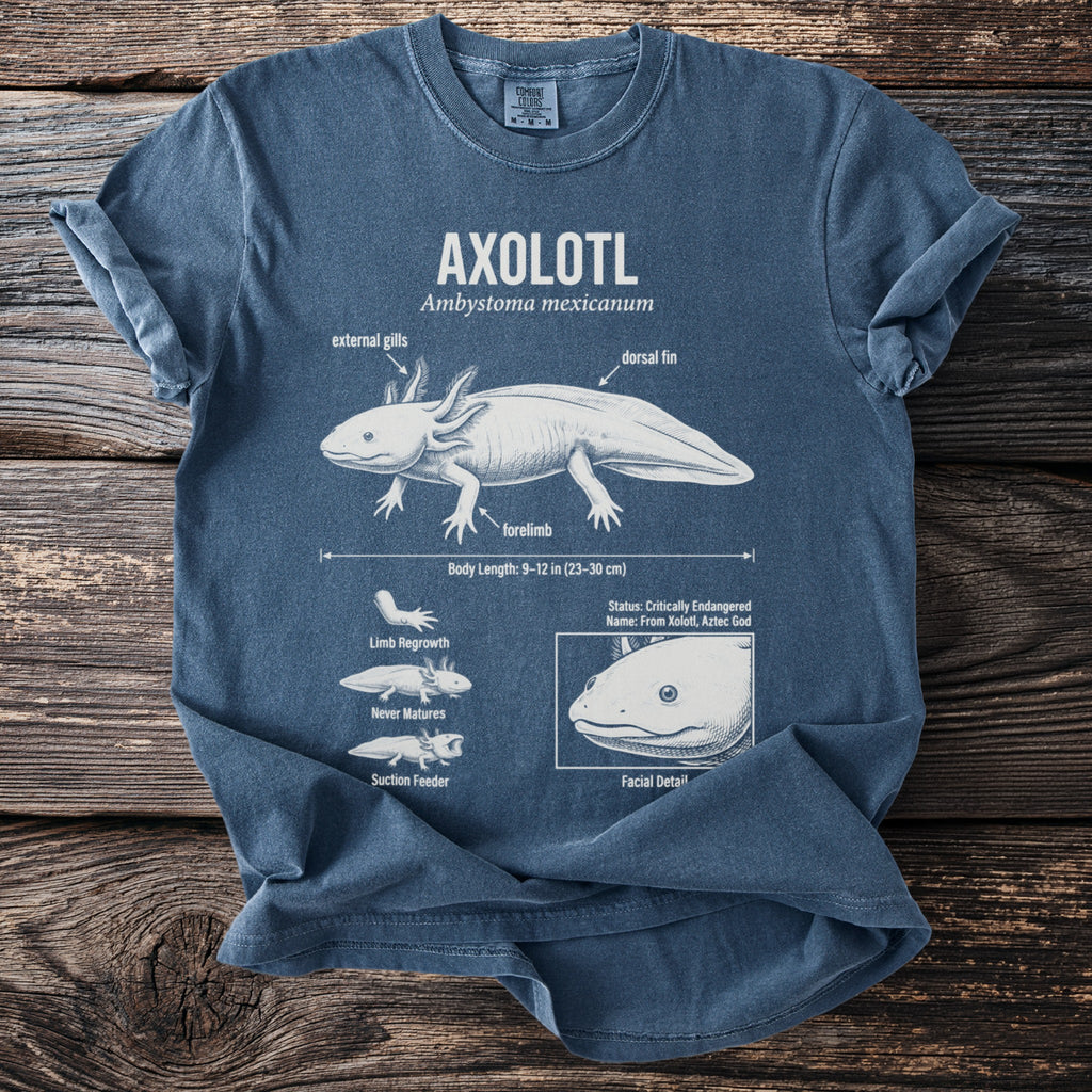 Axolotl diagram with scientific name and labels for body parts and characteristics.