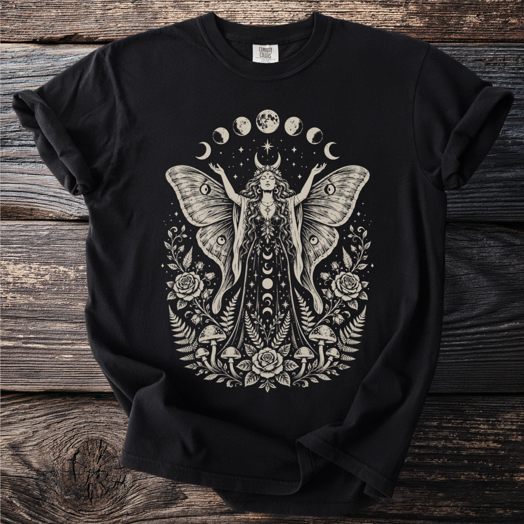 Black t-shirt with a moon phase and celestial woman with moth wings design.