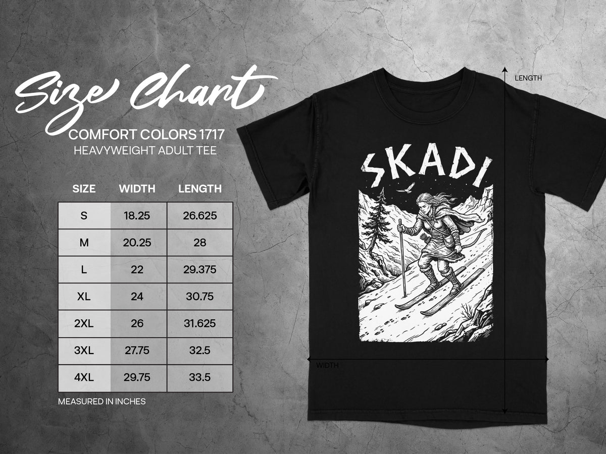 Black t-shirt size chart with width and length measurements for sizes S-4XL.