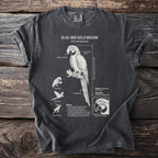 Dark charcoal t-shirt with a graphic of a Blue and Gold Macaw and its biology.