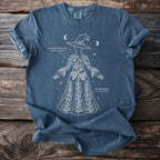 Blue t-shirt with white outline of a witch and botanical illustrations of poison hemlock and monkshood.