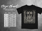 Black t-shirt with "Triple Moon Goddess" graphic and Comfort Colors 1717 size chart.