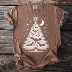 Brown t-shirt with white graphic of a bat and moon-decorated Christmas tree.
