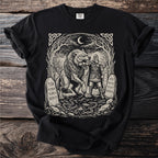 Black t-shirt with Viking warrior, chained wolf, moon, and runes.