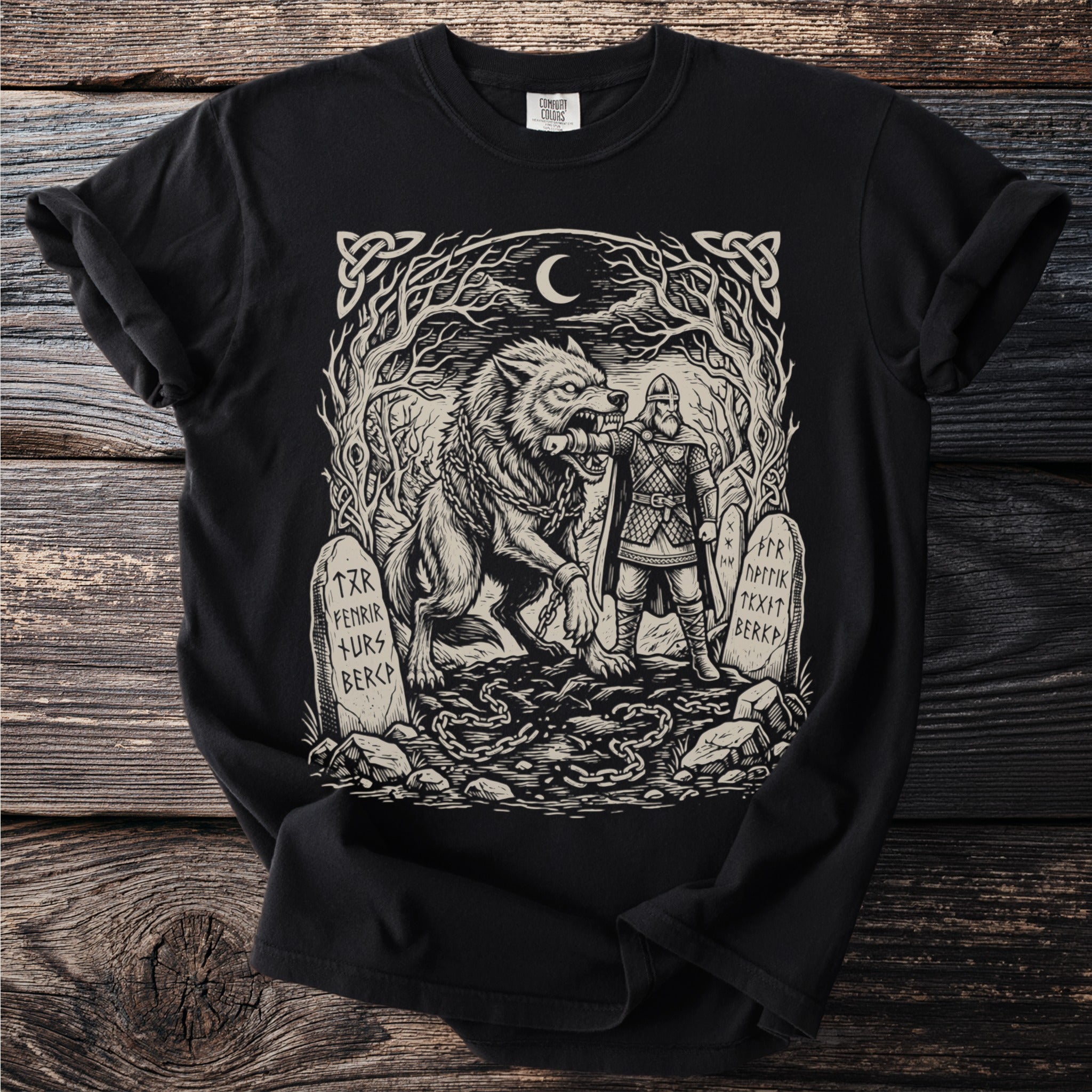 Black t-shirt with Viking warrior, chained wolf, moon, and runes.