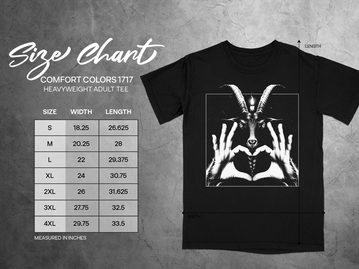 Size chart for Comfort Colors 1717 heavyweight adult tee with measurements.