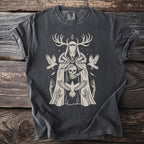 Dark t-shirt with cream graphic of a figure in a hooded robe holding a skull, with birds and antlers.