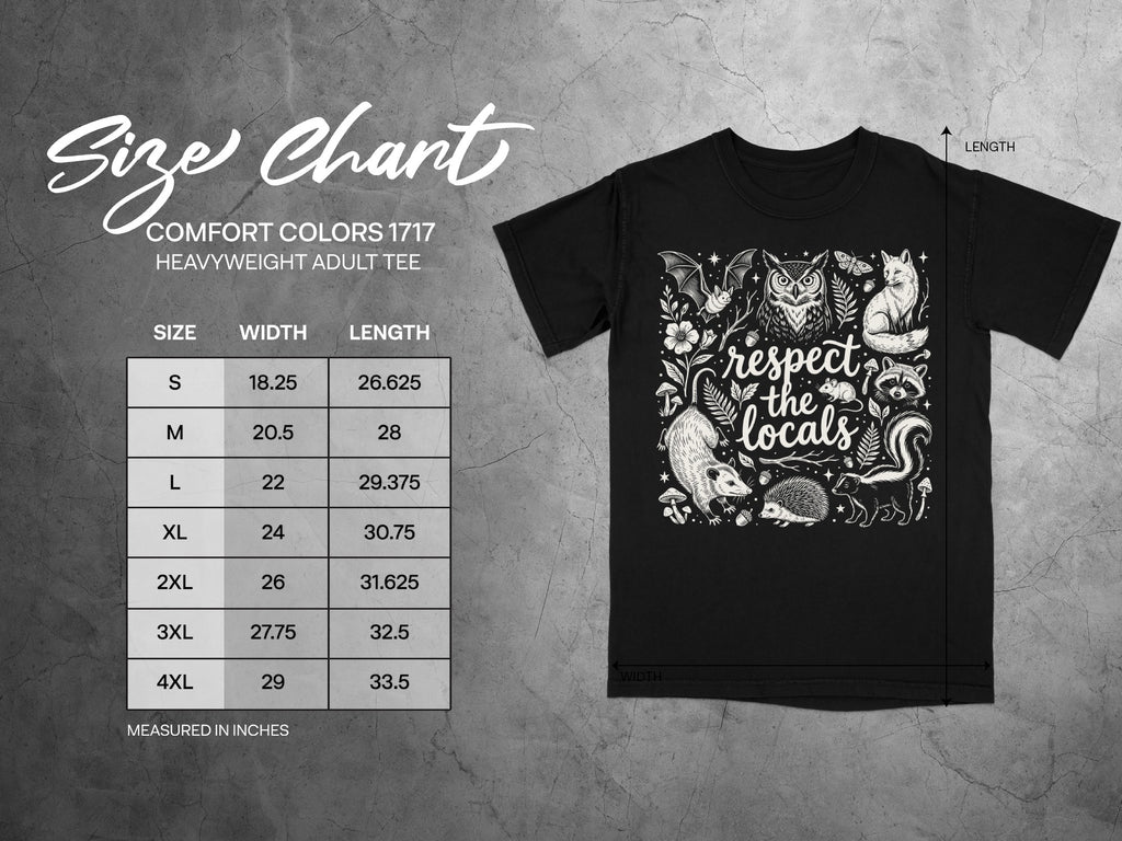 Comfort Colors 1717 heavyweight adult tee size chart with measurements and woodland creature graphic.