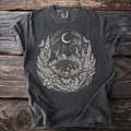Dark grey t-shirt with a detailed cream circular print of a forest scene with a moon.