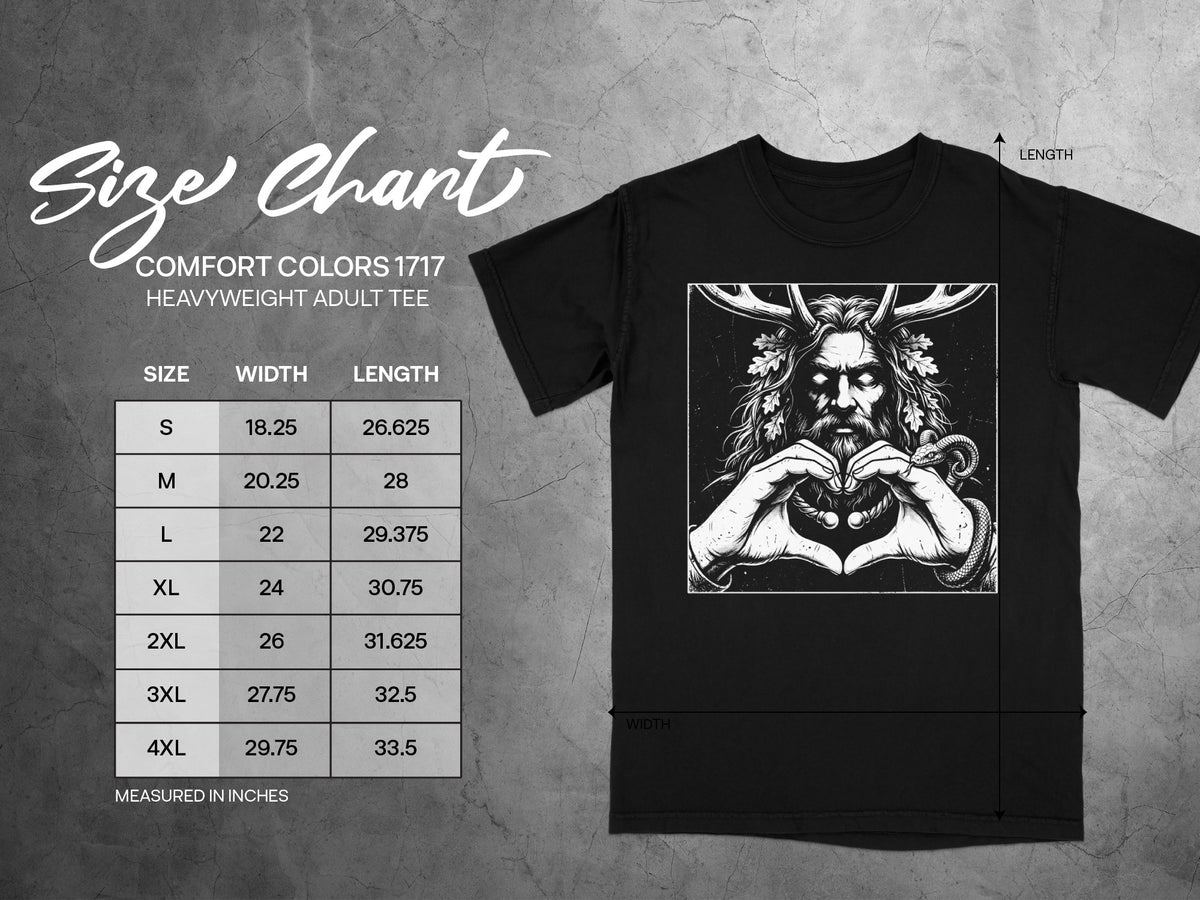 Comfort Colors 1717 heavyweight adult tee size chart with measurements in inches.