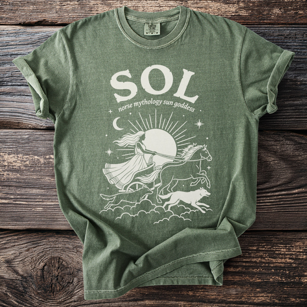 Green t-shirt with "SOL norse mythology sun goddess" graphic and imagery.