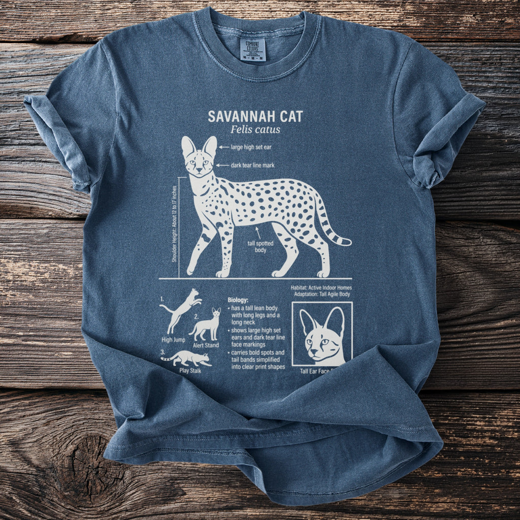 Savannah Cat diagram on a blue t-shirt with text details and illustrations.