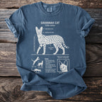 Savannah Cat diagram on a blue t-shirt with text details and illustrations.
