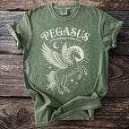 Green t-shirt with white Pegasus graphic and text "PEGASUS greek mythology winged horse".