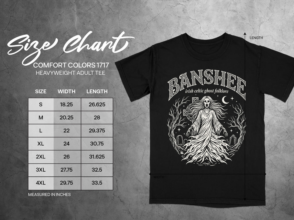 Comfort Colors 1717 size chart for heavyweight adult tees with width and length measurements.