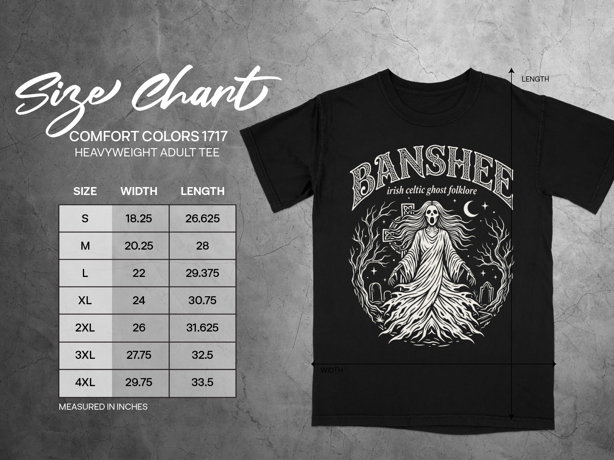 Comfort Colors 1717 size chart for heavyweight adult tees with width and length measurements.