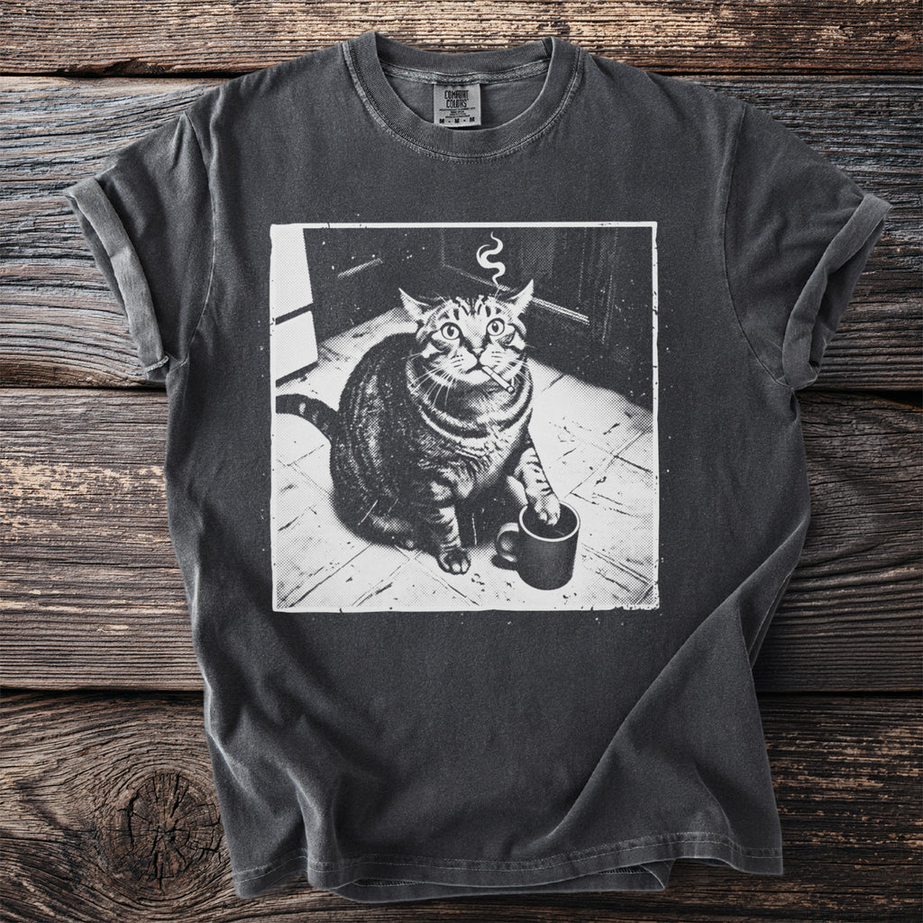 Charcoal t-shirt with a graphic of a cat smoking and holding a coffee mug.
