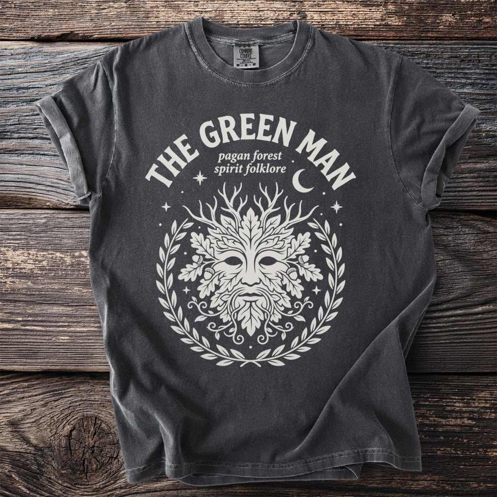 Dark grey t-shirt with a white Green Man design and text.
