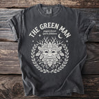 Dark grey t-shirt with a white Green Man design and text.