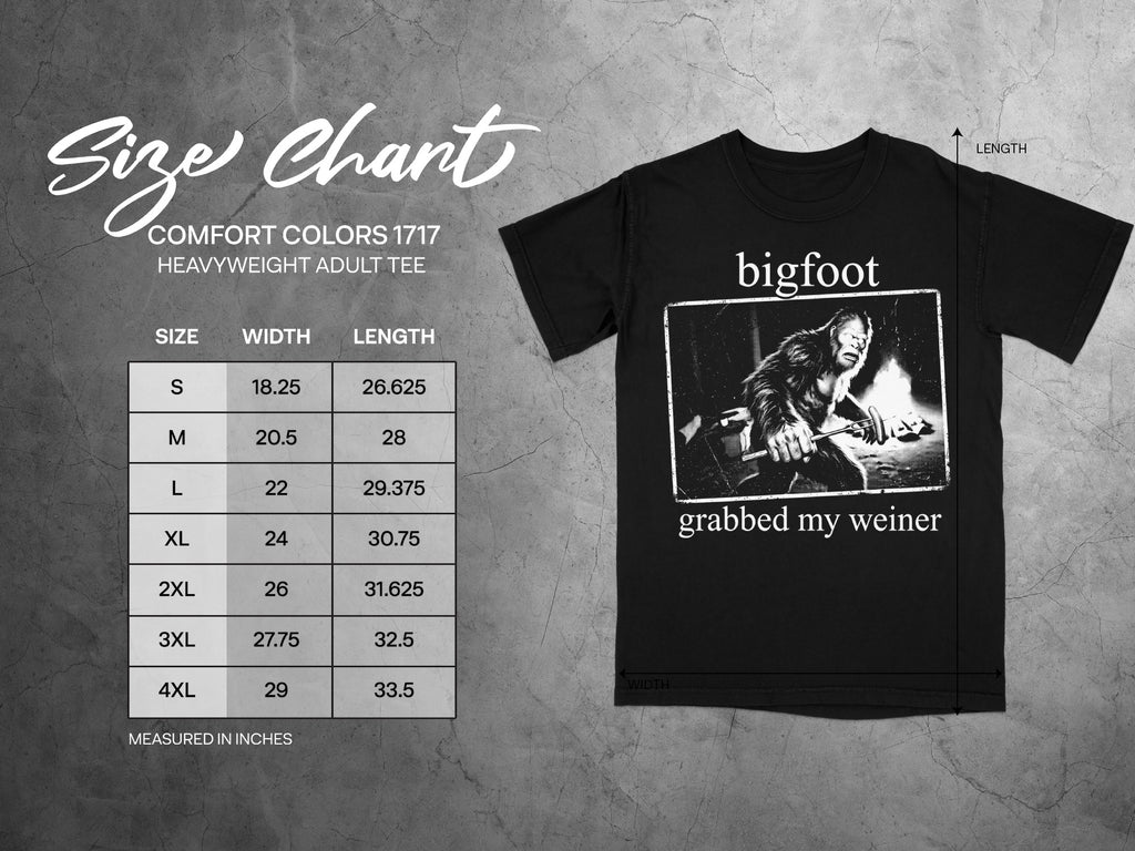 Comfort Colors 1717 garment size chart in inches.