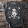 Dark grey t-shirt with a central octopus and geometric design.