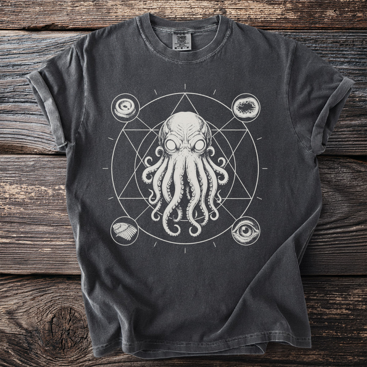 Dark grey t-shirt with a central octopus and geometric design.