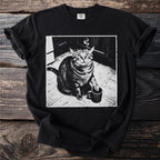 Black t-shirt with a graphic of a cat smoking a cigarette and holding a coffee mug.