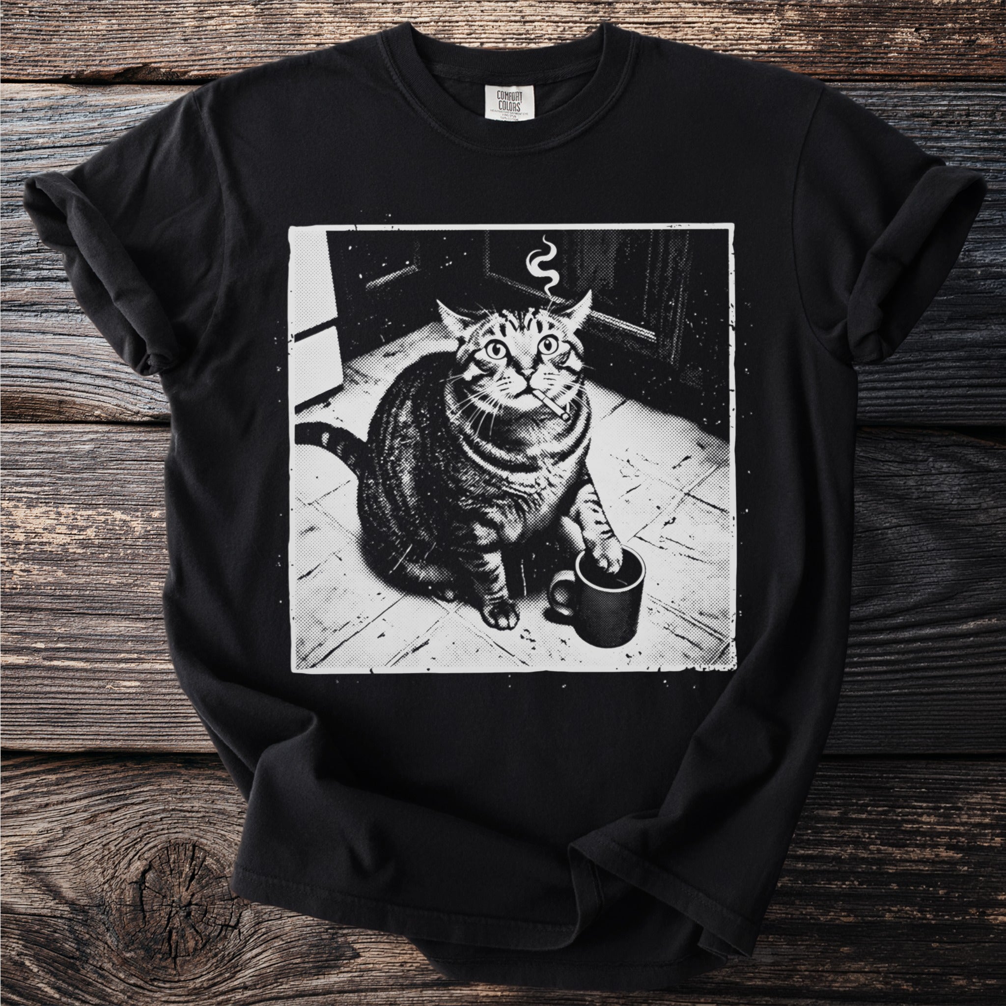 Black t-shirt with a graphic of a cat smoking a cigarette and holding a coffee mug.