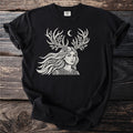 Black t-shirt with a white graphic of a woman with antlers and a crescent moon.