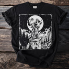 Black t-shirt with a graphic of a raccoon howling at the moon.