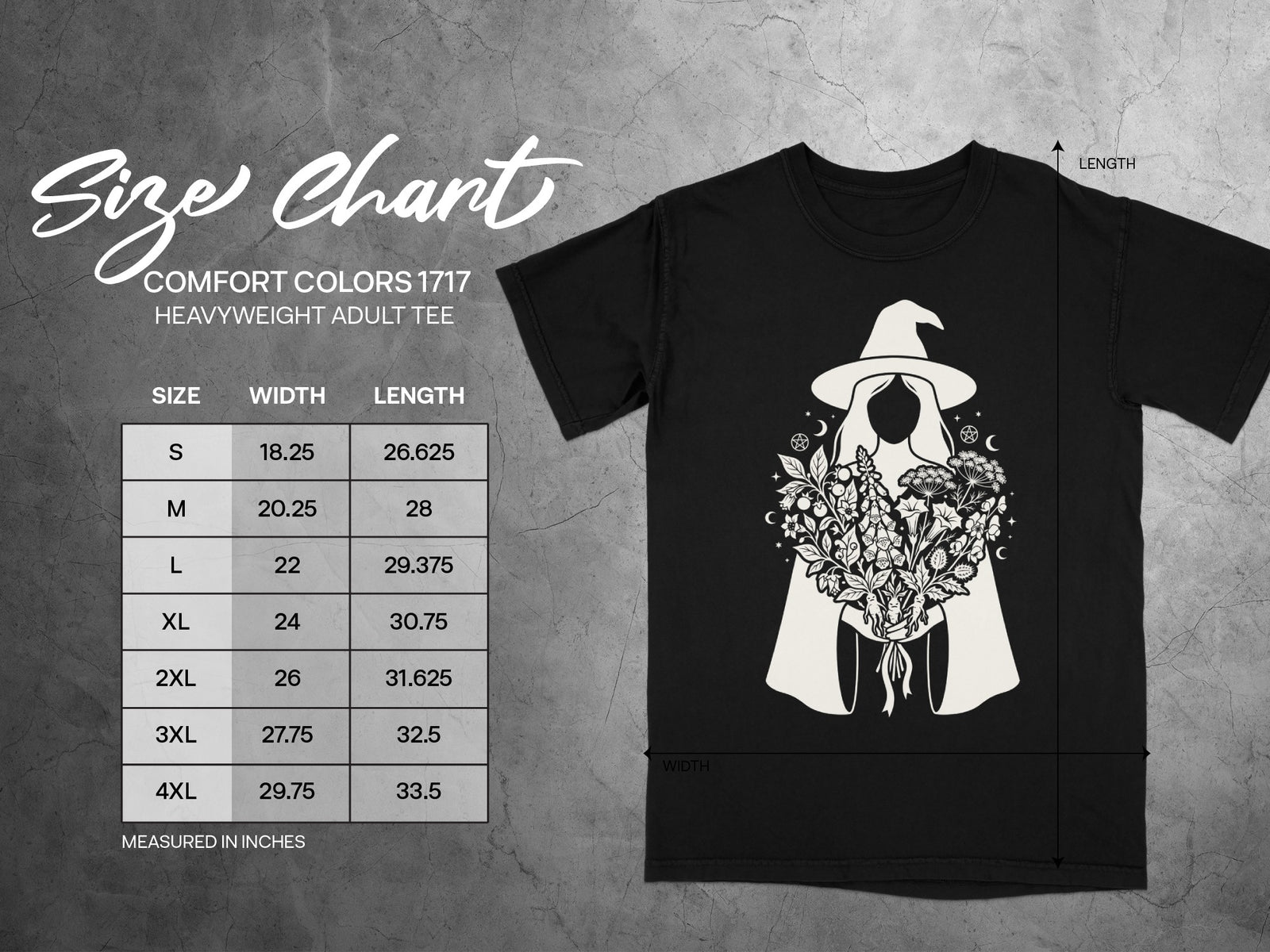 Comfort Colors 1717 size chart for heavyweight adult tees, with measurements in inches.