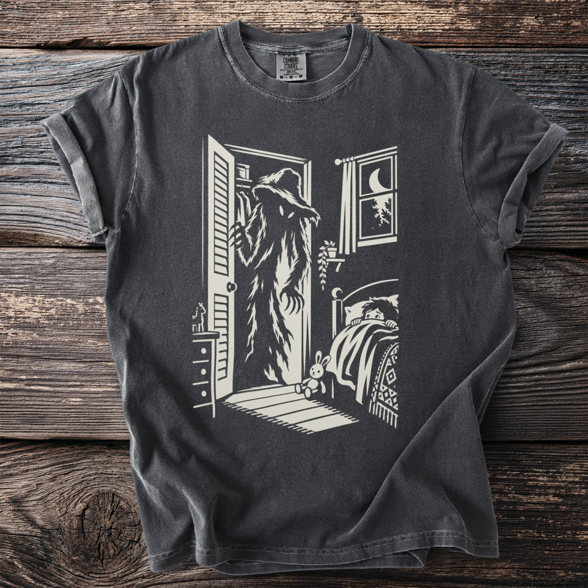 Illustration of a monster at a doorway peering at a child in bed.
