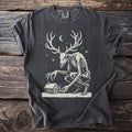 Pepper gray t-shirt with a cream folk-cut print: a gaunt antlered wendigo with a deer skull face stalks toward a lone cabin in the snow.