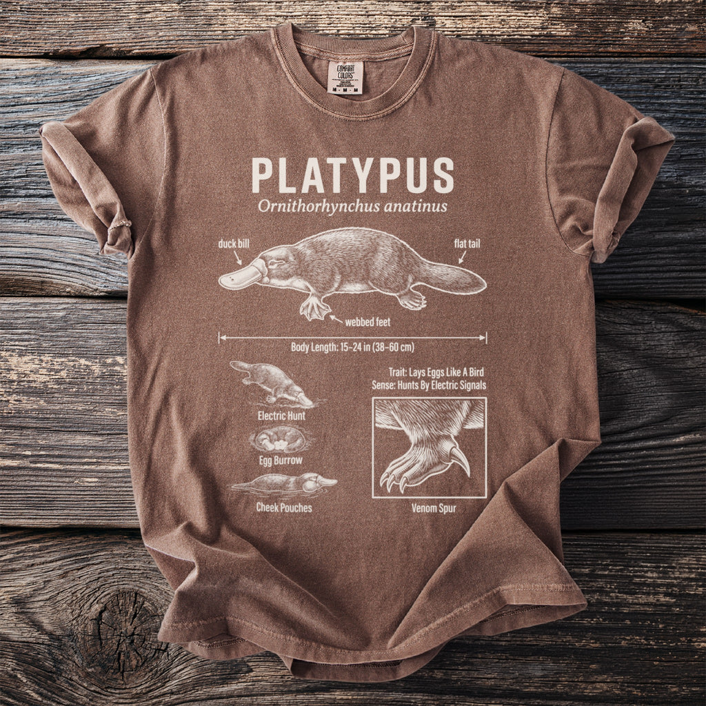 Brown t-shirt with platypus diagram and informational text.