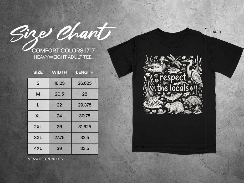 Comfort Colors 1717 heavyweight adult tee size chart with wildlife graphic and text "respect the locals".