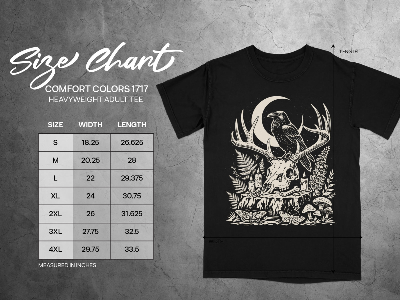 Comfort Colors 1717 heavyweight adult tee size chart with measurements.