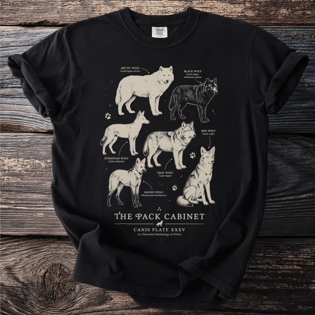 Black t-shirt with illustrated wolves: Arctic, Black, Ethiopian, Gray, Maned, and Red.