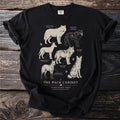 Black t-shirt with illustrated wolves: Arctic, Black, Ethiopian, Gray, Maned, and Red.