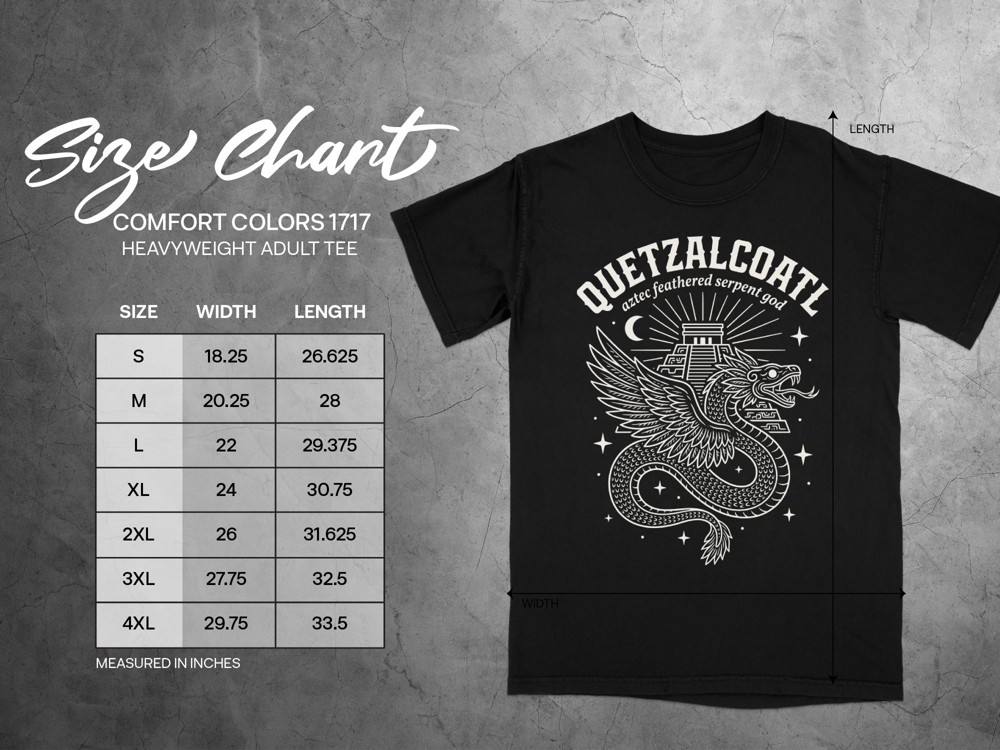 Black t-shirt size chart with Qutzalcoatl graphic, measured in inches.