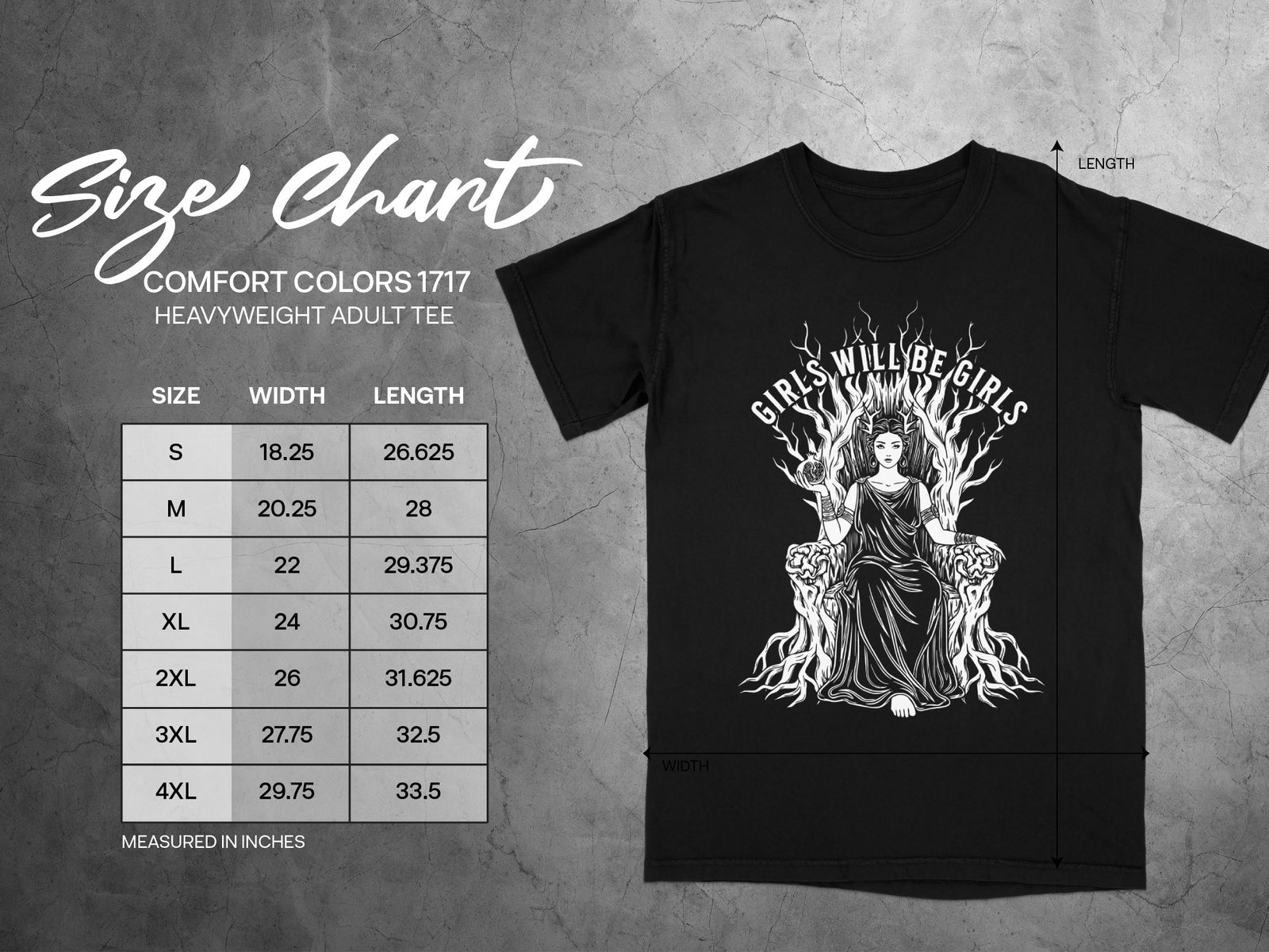 Comfort Colors 1717 adult tee size chart with graphic "Girls Will Be Girls".