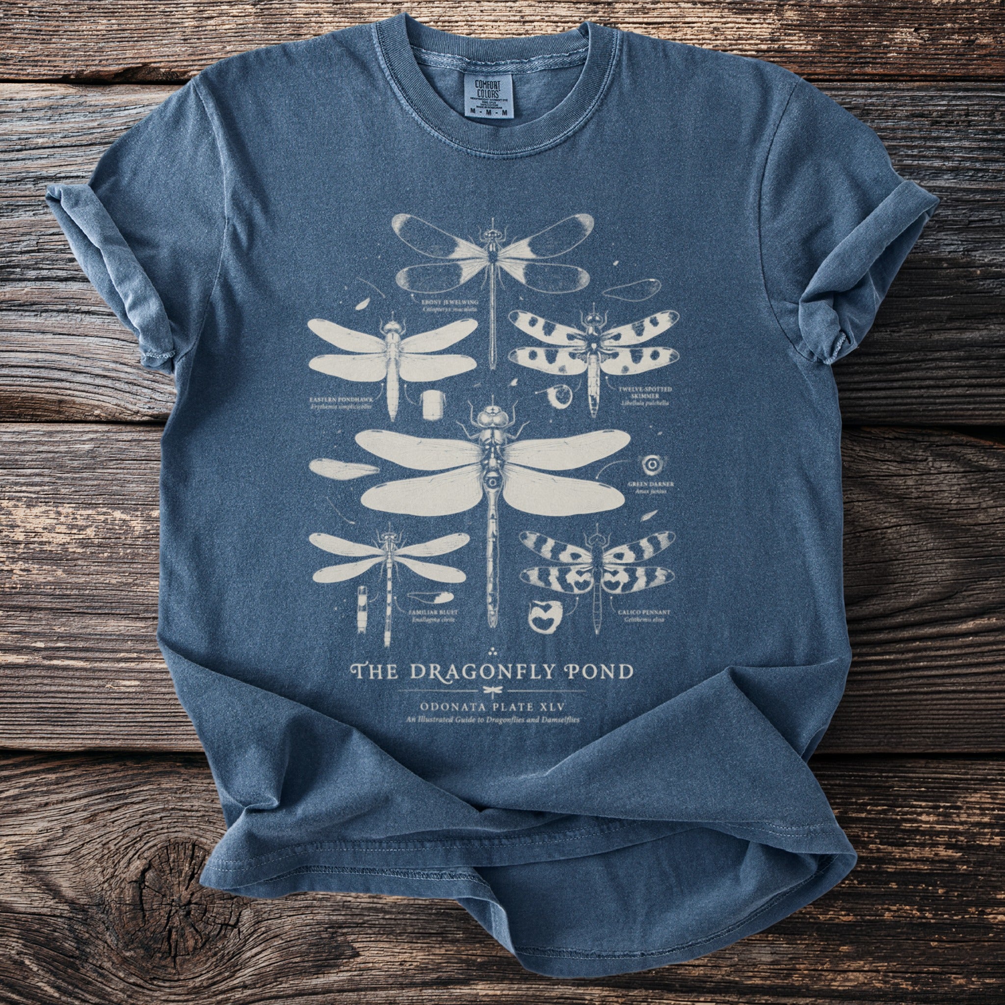 Blue t-shirt with an illustrated guide of dragonflies and damselflies titled "The Dragonfly Pond".